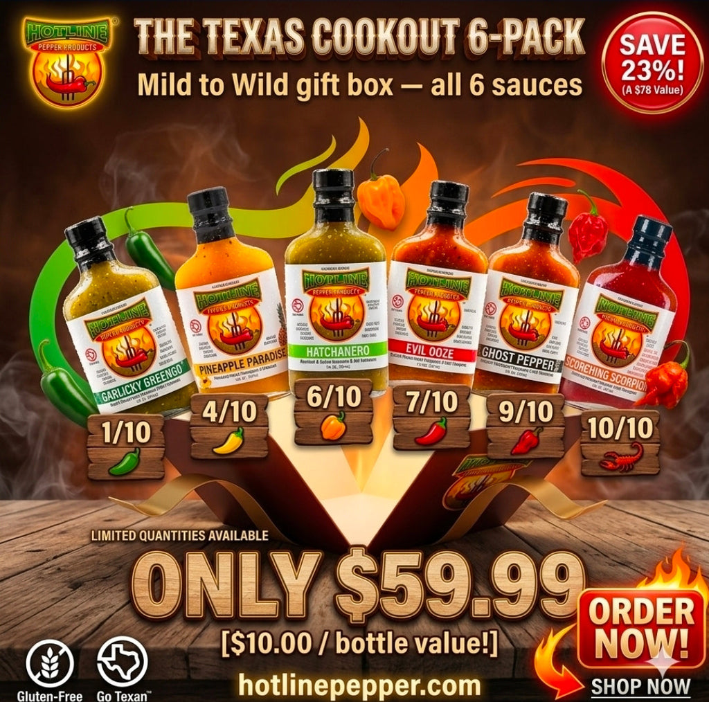 The Texas Cookout 6-Pack — mild to wild gift box, all 6 Hot Line sauces, save 23%
